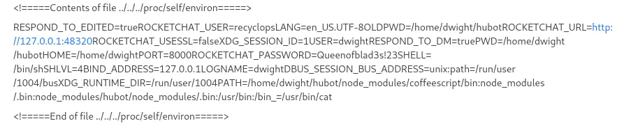 Environment variables printed by Rocket Chat bot