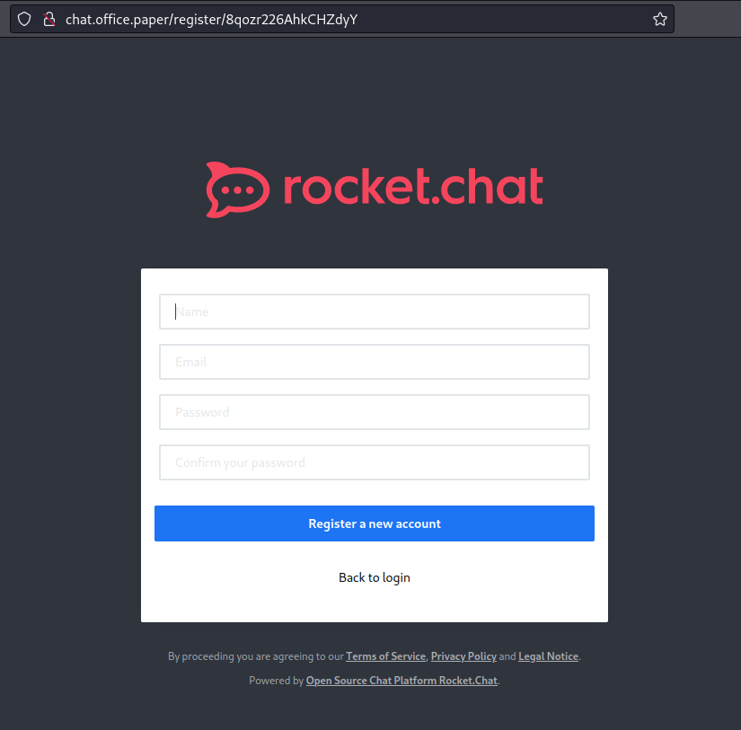 Rocket Chat register form